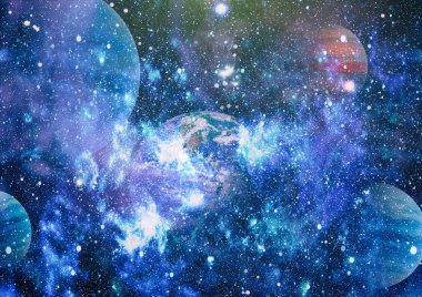 Dünya ve galaksiler uzayda. Bilim kurgu sanatı. Bu görüntünün elementleri NASA tarafından desteklenmektedir.