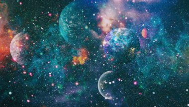 Dünya ve galaksiler uzayda. Bilim kurgu sanatı. Bu görüntünün elementleri NASA tarafından desteklenmektedir.