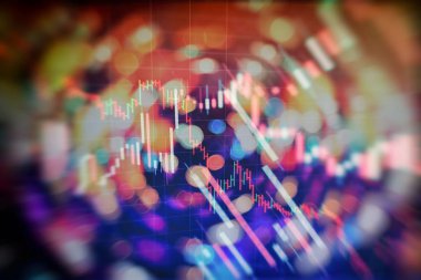 Market Analyze dahil bir monitör de dahil olmak üzere finansal veriler. Çubuk grafikler, diyagramlar, finansal rakamlar. Forex grafiği.