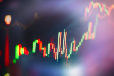 Market Analyze dahil bir monitör de dahil olmak üzere finansal veriler. Çubuk grafikler, diyagramlar, finansal rakamlar. Forex grafiği.