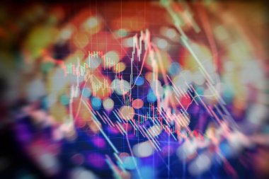 Teknik fiyat grafiği ve göstergesi, mavi ekranda kırmızı ve yeşil şamdan grafiği, piyasa dalgalanması, yükseliş ve düşüş eğilimi. Hisse senedi ticareti, kripto para birimi geçmişi.