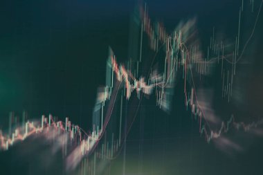 Teknik fiyat grafiği ve göstergesi, mavi ekranda kırmızı ve yeşil şamdan grafiği, piyasa dalgalanması, yükseliş ve düşüş eğilimi. Hisse senedi ticareti, kripto para birimi geçmişi.