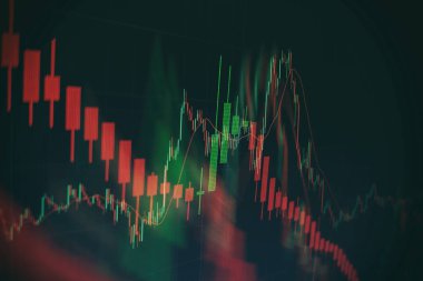Teknik fiyat grafiği ve göstergesi, mavi ekranda kırmızı ve yeşil şamdan grafiği, piyasa dalgalanması, yükseliş ve düşüş eğilimi. Hisse senedi ticareti, kripto para birimi geçmişi.