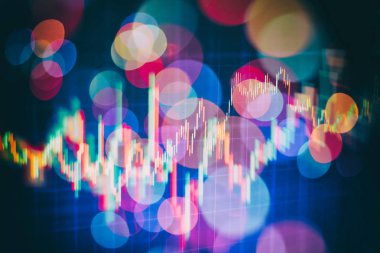 Teknik fiyat grafiği ve göstergesi, mavi ekranda kırmızı ve yeşil şamdan grafiği, piyasa dalgalanması, yükseliş ve düşüş eğilimi. Hisse senedi ticareti, kripto para birimi geçmişi.