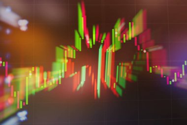 Teknik fiyat grafiği ve göstergesi, mavi ekranda kırmızı ve yeşil şamdan grafiği, piyasa dalgalanması, yükseliş ve düşüş eğilimi. Hisse senedi ticareti, kripto para birimi geçmişi.