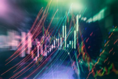 Teknik fiyat grafiği ve göstergesi, mavi ekranda kırmızı ve yeşil şamdan grafiği, piyasa dalgalanması, yükseliş ve düşüş eğilimi. Hisse senedi ticareti, kripto para birimi geçmişi.