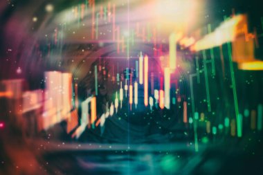 Teknik fiyat grafiği ve göstergesi, mavi ekranda kırmızı ve yeşil şamdan grafiği, piyasa dalgalanması, yükseliş ve düşüş eğilimi. Hisse senedi ticareti, kripto para birimi geçmişi.