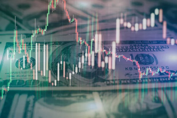 Gráfico e indicador de precio técnico, gráfico de candelabro rojo y verde en la pantalla del tema azul, volatilidad del mercado, tendencia alcista y descendente. Comercio de acciones, criptomoneda fondo. —  Fotos de Stock