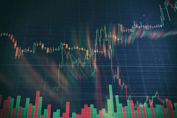 Graphique et indicateur de prix technique, graphique en chandelier rouge et vert sur écran thème bleu, volatilité du marché, tendance à la hausse et à la baisse. trading d'actions, fond de crypto-monnaie. — Photo