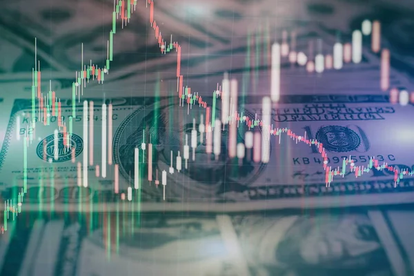 Gráfico e indicador de precio técnico, gráfico de candelabro rojo y verde en la pantalla del tema azul, volatilidad del mercado, tendencia alcista y descendente. Comercio de acciones, criptomoneda fondo. —  Fotos de Stock
