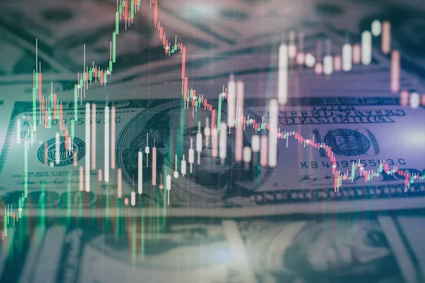 Technikai ár grafikon és mutató, piros és zöld gyertyatartó chart kék téma képernyőn, piaci volatilitás, fel és le trend. Tőzsdei kereskedés, kriptovaluta háttér. — Stock Fotó