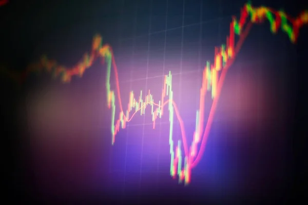 Technisches Preisdiagramm und Indikator, rotes und grünes Kerzendiagramm auf blauem Bildschirm, Marktvolatilität, Auf- und Abwärtstrend. Aktienhandel, Hintergrund der Kryptowährung. — Stockfoto