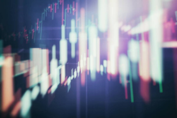 Technical price graph and indicator, red and green candlestick chart on blue theme screen, market volatility, up and down trend. Stock trading, crypto currency background.