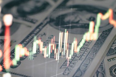 Teknik fiyat grafiği ve göstergesi, mavi ekranda kırmızı ve yeşil şamdan grafiği, piyasa dalgalanması, yükseliş ve düşüş eğilimi. Hisse senedi ticareti, kripto para birimi geçmişi.