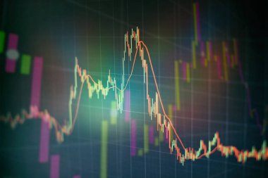 Market Analyze dahil bir monitör de dahil olmak üzere finansal veriler. Çubuk grafikler, diyagramlar, finansal rakamlar. Forex grafiği.