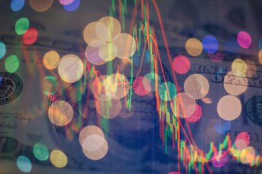 Borsada iş ve mali kavramlar ve raporlar için diyagramlar içeren ekonomik grafik. Soyut mavi arkaplan.