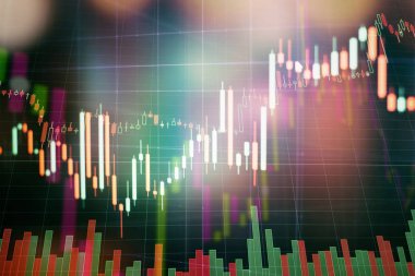 Market Analyze dahil bir monitör de dahil olmak üzere finansal veriler. Çubuk grafikler, diyagramlar, finansal rakamlar. Forex grafiği.