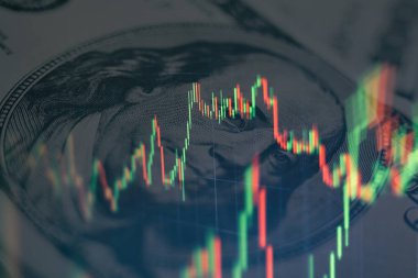 Teknik fiyat grafiği ve göstergesi, mavi ekranda kırmızı ve yeşil şamdan grafiği, piyasa dalgalanması, yükseliş ve düşüş eğilimi. Hisse senedi ticareti, kripto para birimi geçmişi.