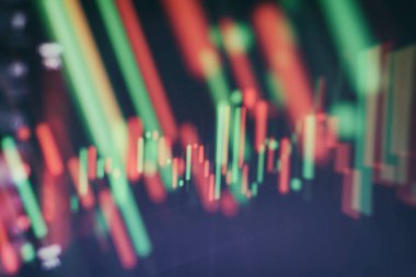 Teknik fiyat grafiği ve göstergesi, mavi ekranda kırmızı ve yeşil şamdan grafiği, piyasa dalgalanması, yükseliş ve düşüş eğilimi. Hisse senedi ticareti, kripto para birimi geçmişi.