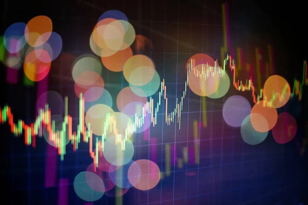 Finanzdaten auf einem Monitor, der auch Marktanalysen enthält. Balkendiagramme, Diagramme, Finanzzahlen. Devisendiagramm. — Stockfoto