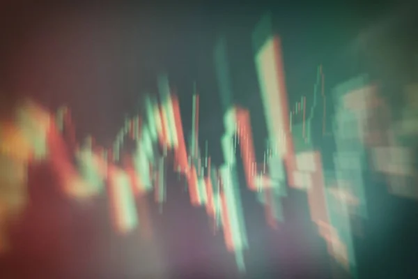 Gráfico de preço técnico e indicador, gráfico de castiçal vermelho e verde na tela de tema azul, volatilidade do mercado, tendência para cima e para baixo. negociação de ações, fundo criptomoeda. — Fotografia de Stock