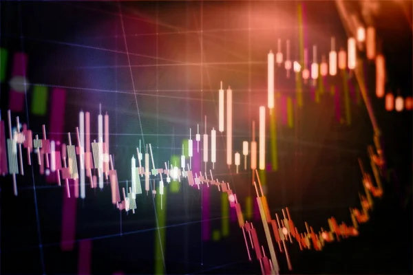 Finanzdaten auf einem Monitor, der auch Marktanalysen enthält. Balkendiagramme, Diagramme, Finanzzahlen. Devisendiagramm. — Stockfoto