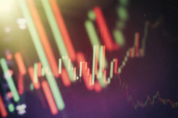 Gráfico de preço técnico e indicador, gráfico de castiçal vermelho e verde na tela de tema azul, volatilidade do mercado, tendência para cima e para baixo. negociação de ações, fundo criptomoeda. — Fotografia de Stock