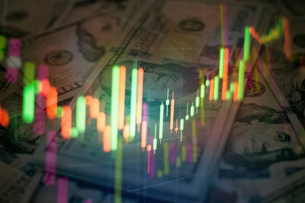 Technische prijs grafiek en indicator, rode en groene kandelaar grafiek op blauw thema scherm, marktvolatiliteit, up and down trend. Beurshandel, crypto valuta achtergrond. — Stockfoto