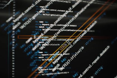 Soyut bilgisayar kodları. Yazılım geliştiricisinin kod ekranı programlanıyor. Yazılım Programlama Çalışma Zamanı. Kod metni tamamen benim tarafımdan yazıldı ve oluşturuldu.