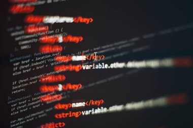 Soyut bilgisayar kodları. Yazılım geliştiricisinin kod ekranı programlanıyor. Yazılım Programlama Çalışma Zamanı. Kod metni tamamen benim tarafımdan yazıldı ve oluşturuldu.