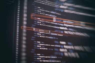 Soyut bilgisayar kodları. Yazılım geliştiricisinin kod ekranı programlanıyor. Yazılım Programlama Çalışma Zamanı. Kod metni tamamen benim tarafımdan yazıldı ve oluşturuldu.