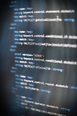 Programcı geliştirici ekranı, web uygulaması kodlama. Bilgisayarda komut dosyası. Veri kaynak kodunun modern görüntülenmesi. Yazılım geliştiricisinin programlama kodu soyut ekranı. Mavi renk.