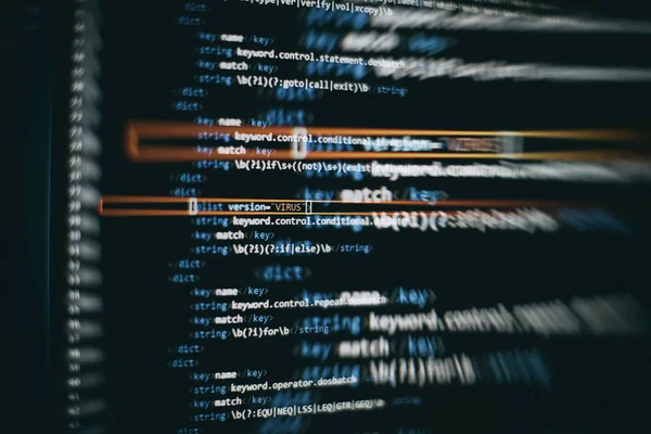 Abstracte computerscript code. Programmering codescherm van software ontwikkelaar. Software Programmeren Werktijd. Code tekst geschreven en volledig door mijzelf gemaakt. — Stockfoto