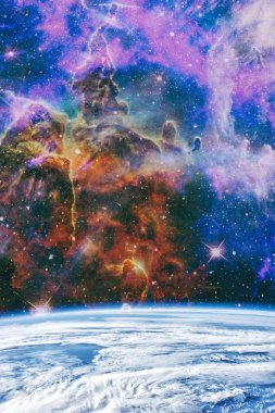 Siyah arka plan üzerinde Parlak parlak mavi yıldız parçacık hareketi, evren Uzay arka planda galakside yıldız ışığı bulutsusu. Nasa tarafından döşenmiş bu görüntü