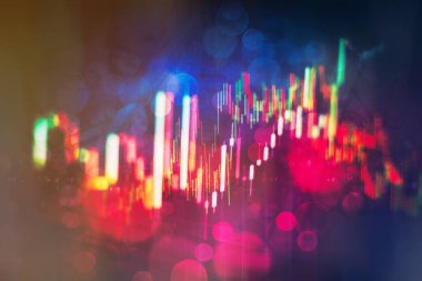 degrade mavi renk arka plan üzerinde çizgi grafik ve stok numaraları ile mali mum grafiği