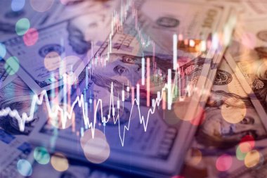 degrade mavi renk arka plan üzerinde çizgi grafik ve stok numaraları ile mali mum grafiği