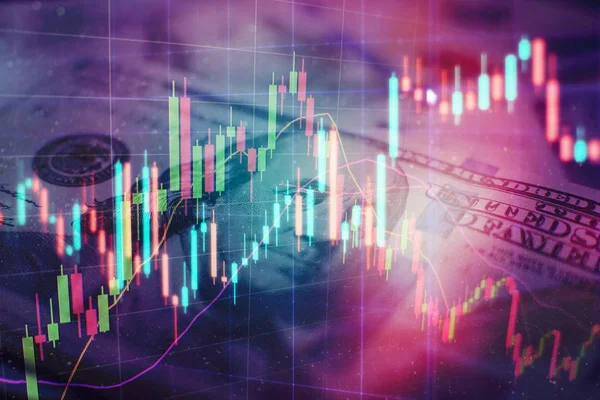 Dati su un monitor che comprenda di analisi di mercato. Grafici a barre, diagrammi, cifre finanziarie. Grafico Forex. — Foto Stock