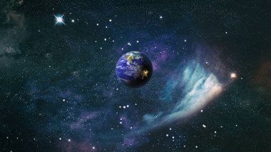 Dünya gezegeninin üzerinde gün doğumu, uzaydan manzara, uzayın derinliklerindeki mavi gezegen Dünya. Nasa tarafından döşenmiş bu görüntünün elemanları