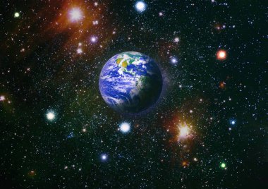 Dünya, güneş, yıldız ve galaksinin panoramik görüntüsü. Dünya 'nın üzerinde gün doğumu, uzaydan manzara