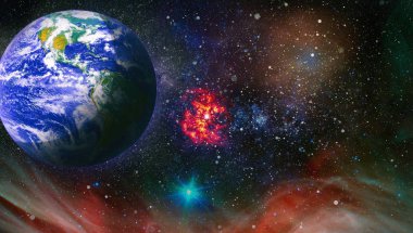 Dünya, güneş, yıldız ve galaksinin panoramik görüntüsü. Dünya 'nın üzerinde gün doğumu, uzaydan manzara