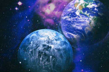 Dünya, güneş, yıldız ve galaksinin panoramik görüntüsü. Dünya 'nın üzerinde gün doğumu, uzaydan manzara