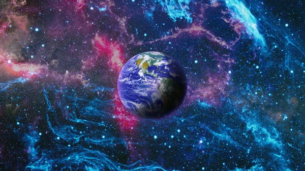 Panorámás kilátás nyílik a Földre, a napra, a csillagra és a galaxisra. Napkelte a Föld bolygó felett, kilátás az űrből — Stock Fotó