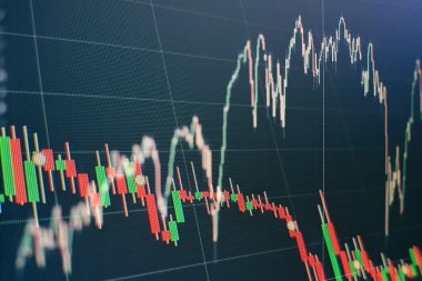 Market Analyze dahil bir monitör de dahil olmak üzere finansal veriler. Çubuk grafikler, diyagramlar, finansal rakamlar. Soyut parlayan forex grafik arayüzü duvar kağıdı. Yatırım, ticaret, hisse senedi, finans
