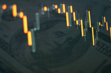 Market Analyze dahil bir monitör de dahil olmak üzere finansal veriler. Çubuk grafikler, diyagramlar, finansal rakamlar. Soyut parlayan forex grafik arayüzü duvar kağıdı. Yatırım, ticaret, hisse senedi, finans