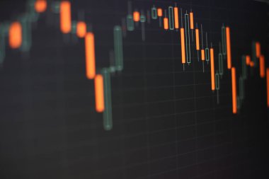 Market Analyze dahil bir monitör de dahil olmak üzere finansal veriler. Çubuk grafikler, diyagramlar, finansal rakamlar. Soyut parlayan forex grafik arayüzü duvar kağıdı. Yatırım, ticaret, hisse senedi, finans