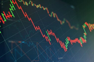Market Analyze dahil olmak üzere bir monitör verileri. Çubuk grafikler, diyagramlar, finansal rakamlar. Forex grafiği. Temel ve teknik analiz konsepti.