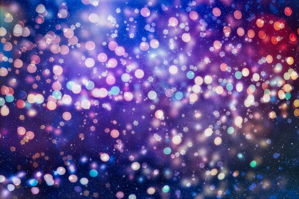 Sparse snowfall Christmas background. Subtle flying snow flakes and stars on dark blue night background. Beauteous winter silver snowflake overlay template.