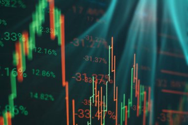 Temel ve teknik analiz kavramı. Soyut finansal ticaret grafikleri monitörde. Para birimi çubukları ve mumları olan arkaplan