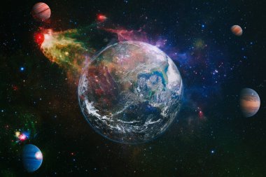 Dünya ve galaksiler uzayda. Bilim kurgu sanatı. Bu görüntünün elementleri NASA tarafından desteklenmektedir.