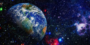 Dünya ve galaksiler uzayda. Bilim kurgu sanatı. Bu görüntünün elementleri NASA tarafından desteklenmektedir.